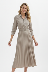 Mujer botón-Up Vestido Midi con Cinturóned cintura y Plisado Falda