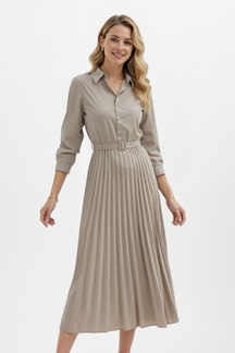 Mujer botón-Up Vestido Midi con Cinturóned cintura y Plisado Falda