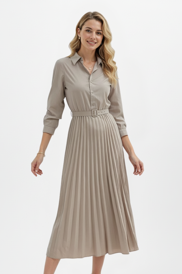 Mujer botón-Up Vestido Midi con Cinturóned cintura y Plisado Falda