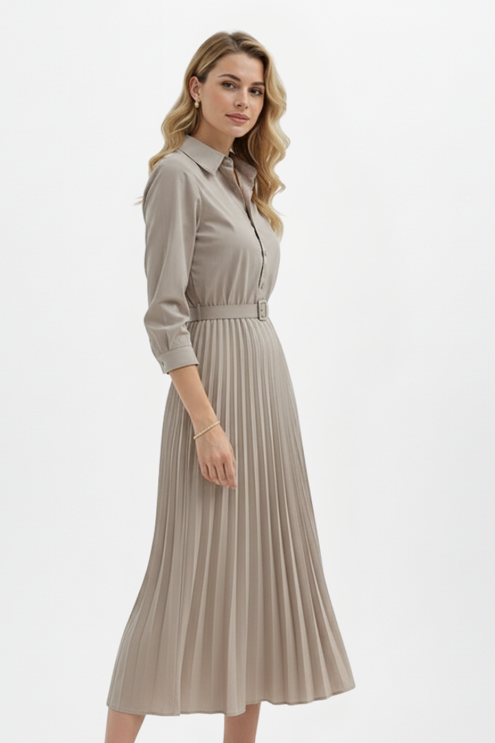 Mujer botón-Up Vestido Midi con Cinturóned cintura y Plisado Falda