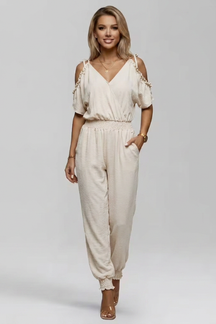 Mujer Cold-hombro Wrap de Cuello en V Smocked cintura Jumpsuit