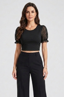 Mujer Crop top con Puff mangas y de Cuello Redondo
