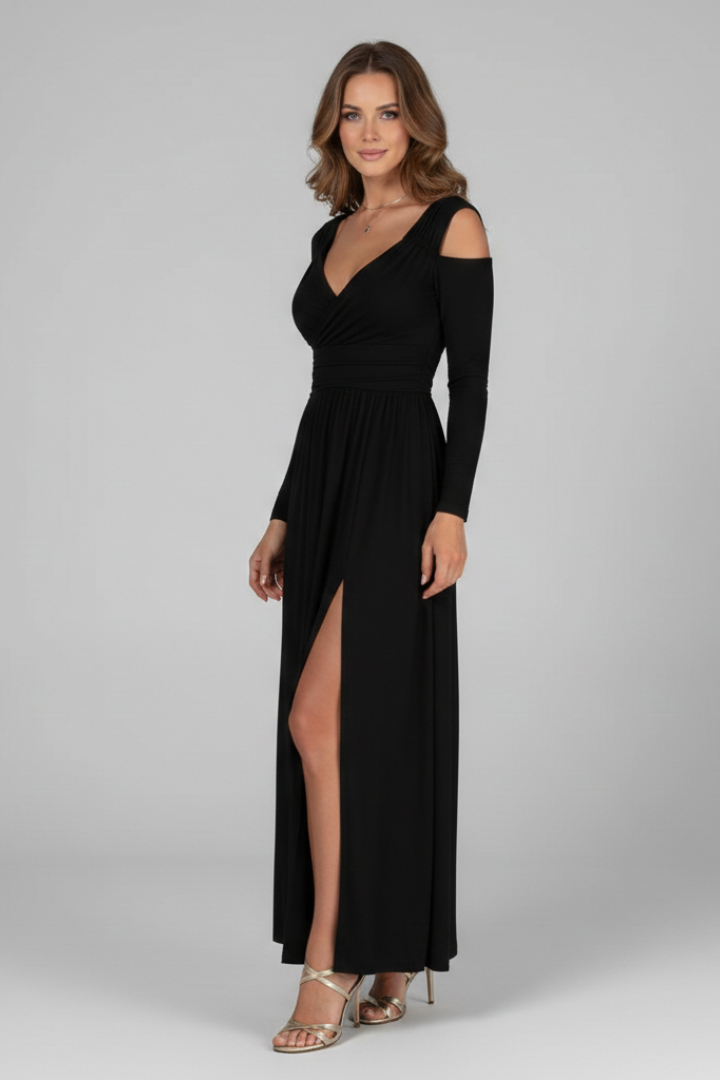 Mujer Vestido con Lace Appliques y Tiered Falda con escote en V y Side Slit