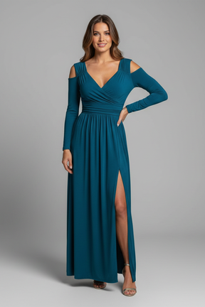 Mujer Vestido con Lace Appliques y Tiered Falda con escote en V y Side Slit