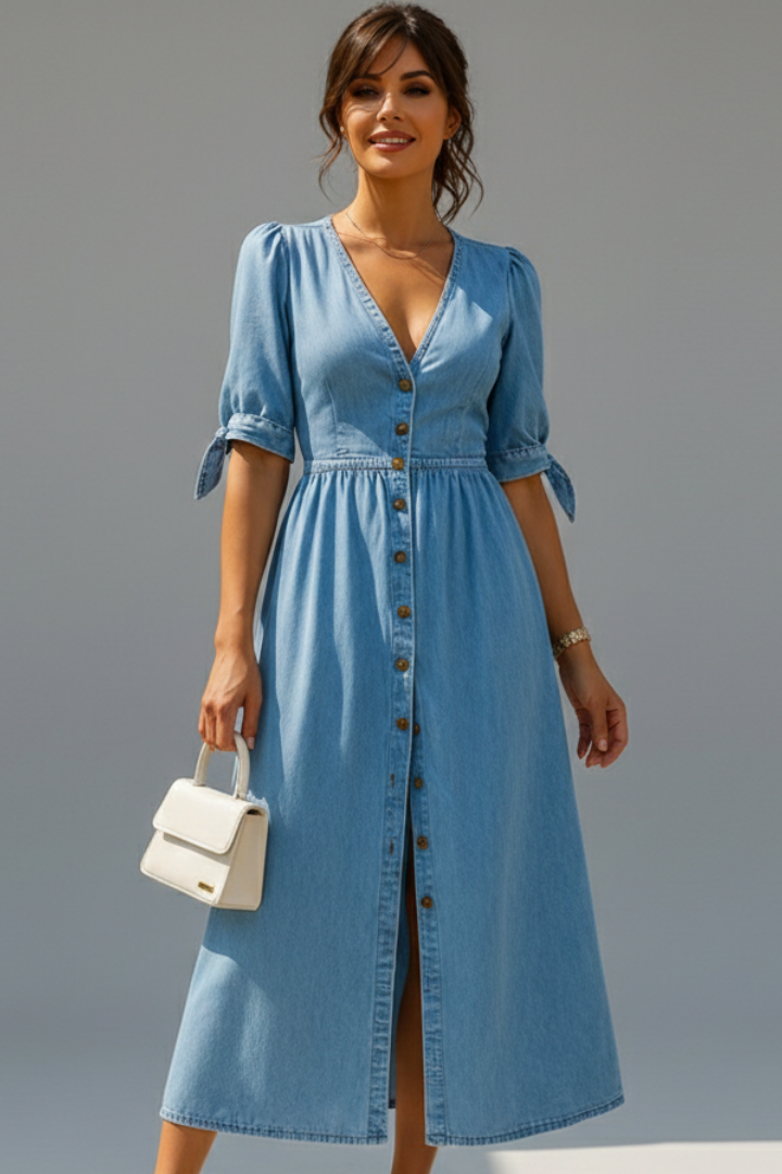 Mujer Vestido con de Cuello en Vline y tapeta de botones