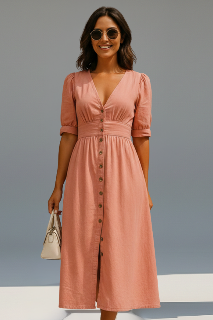 Mujer Vestido con de Cuello en Vline y tapeta de botones