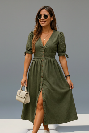 Mujer Vestido con de Cuello en Vline y tapeta de botones