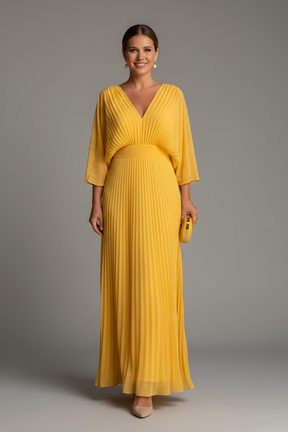 Mujer Vestido con de Cuello en Vline y Plisado Maxi Falda