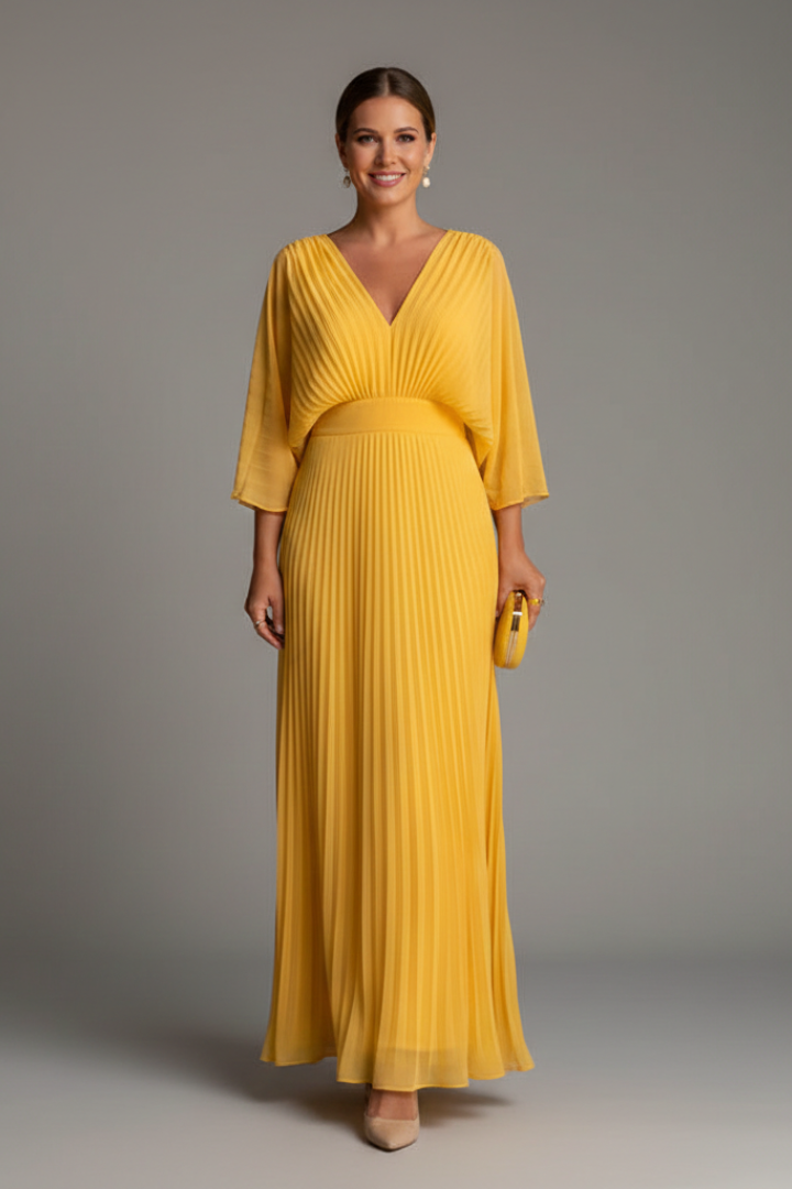 Mujer Vestido con de Cuello en Vline y Plisado Maxi Falda