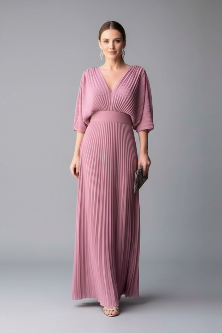 Mujer Vestido con de Cuello en Vline y Plisado Maxi Falda