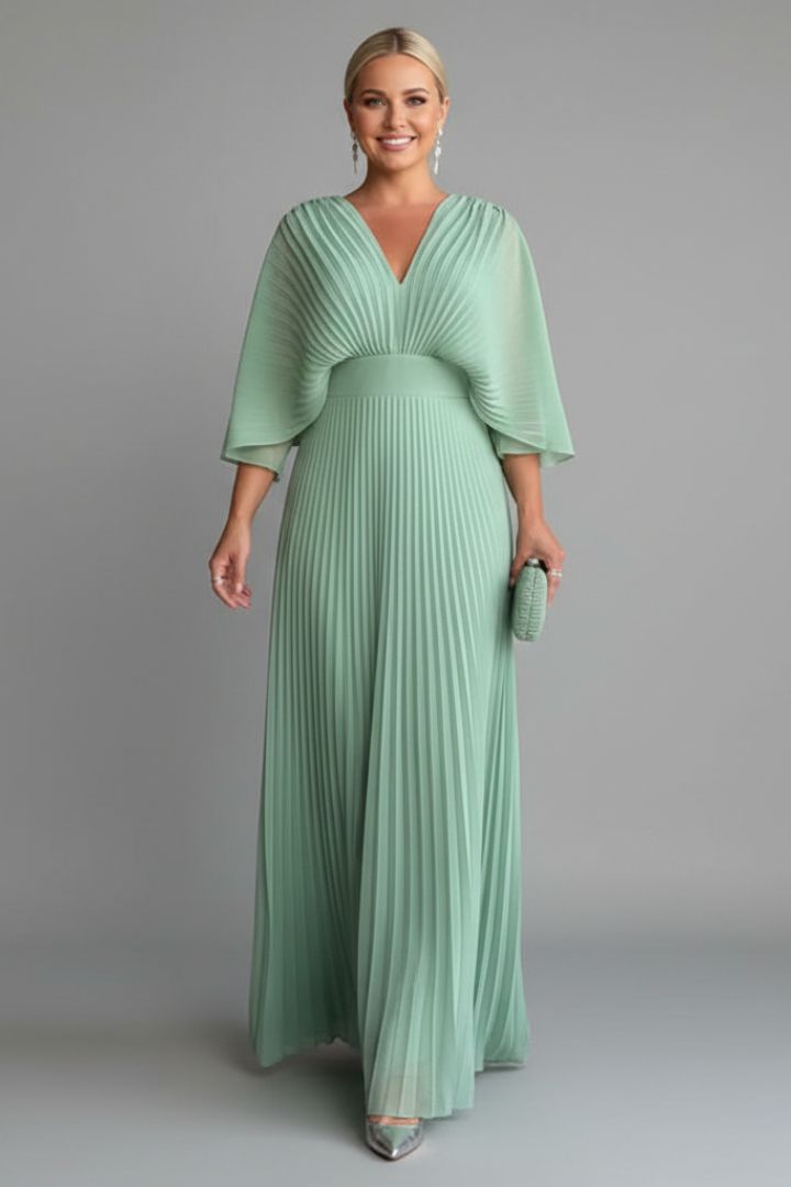 Mujer Vestido con de Cuello en Vline y Plisado Maxi Falda