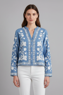 Mujer Embroidered Blusa con estampado floral y Manga Largas