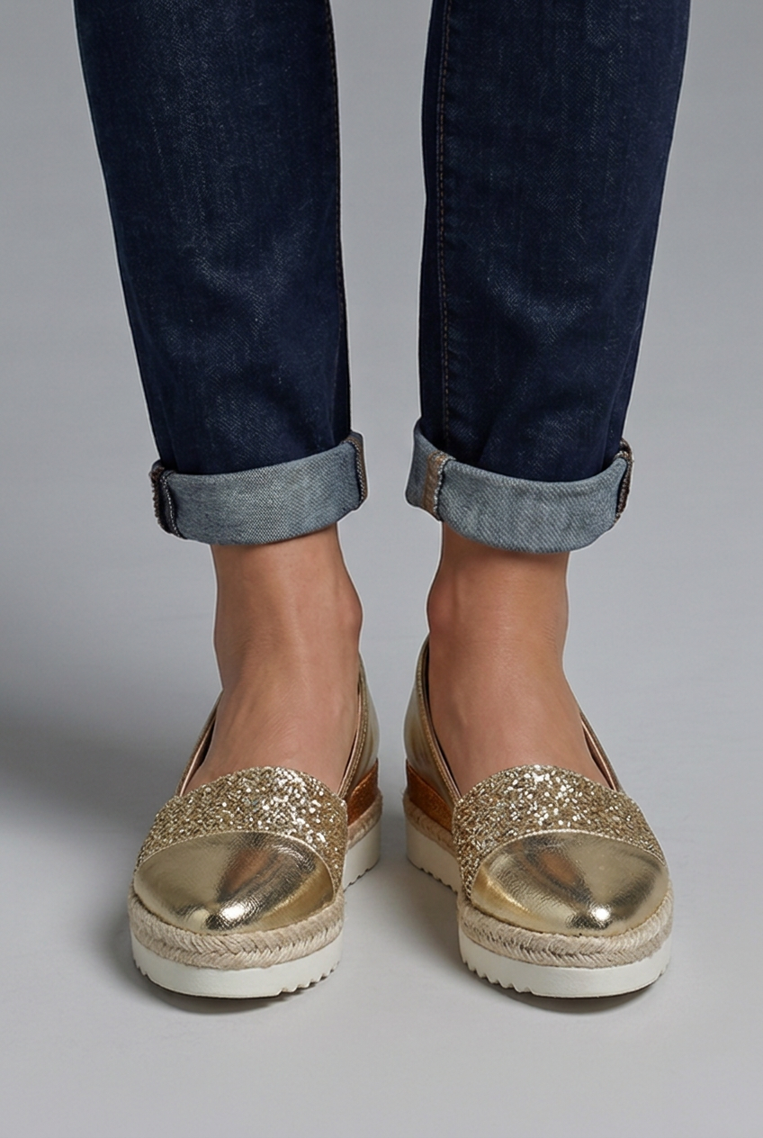Mujer Gold Orthopaedic Sin Cordones Wedge Mocasines con Glitter Detail for Spring