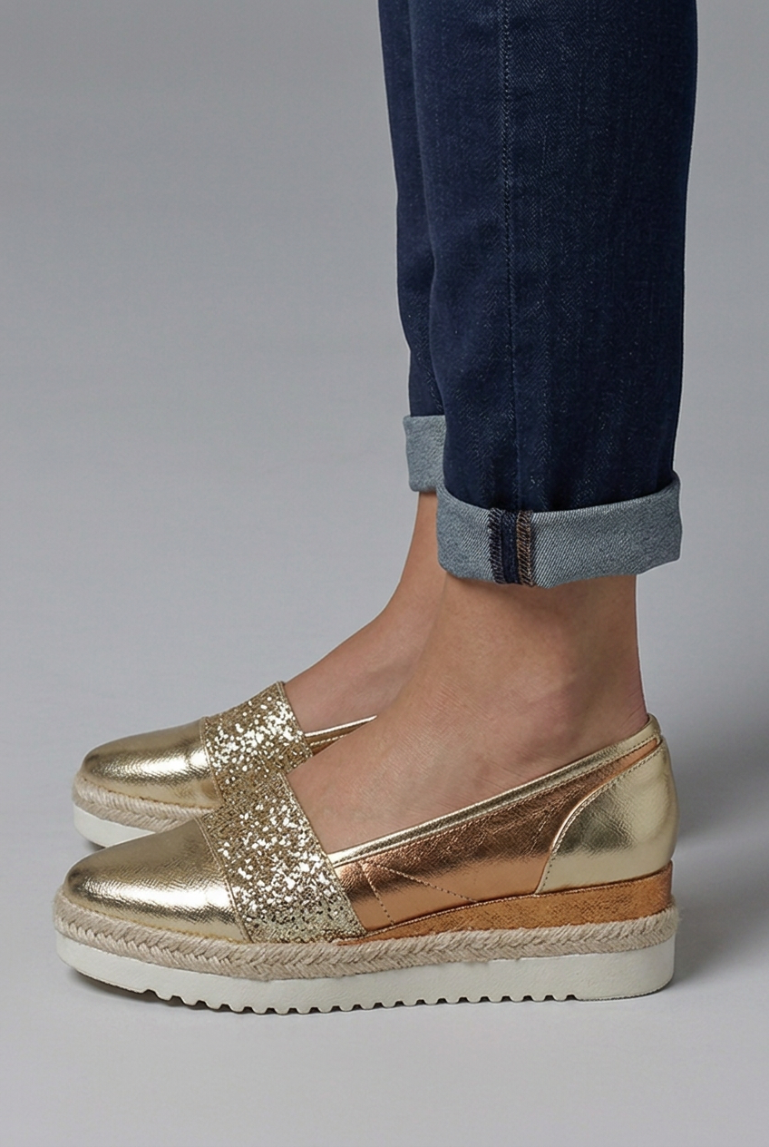 Mujer Gold Orthopaedic Sin Cordones Wedge Mocasines con Glitter Detail for Spring