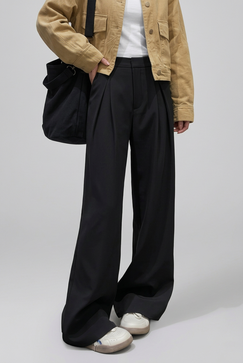 Mujer High Rise Pierna Ancha Pantalón con Plisado Front