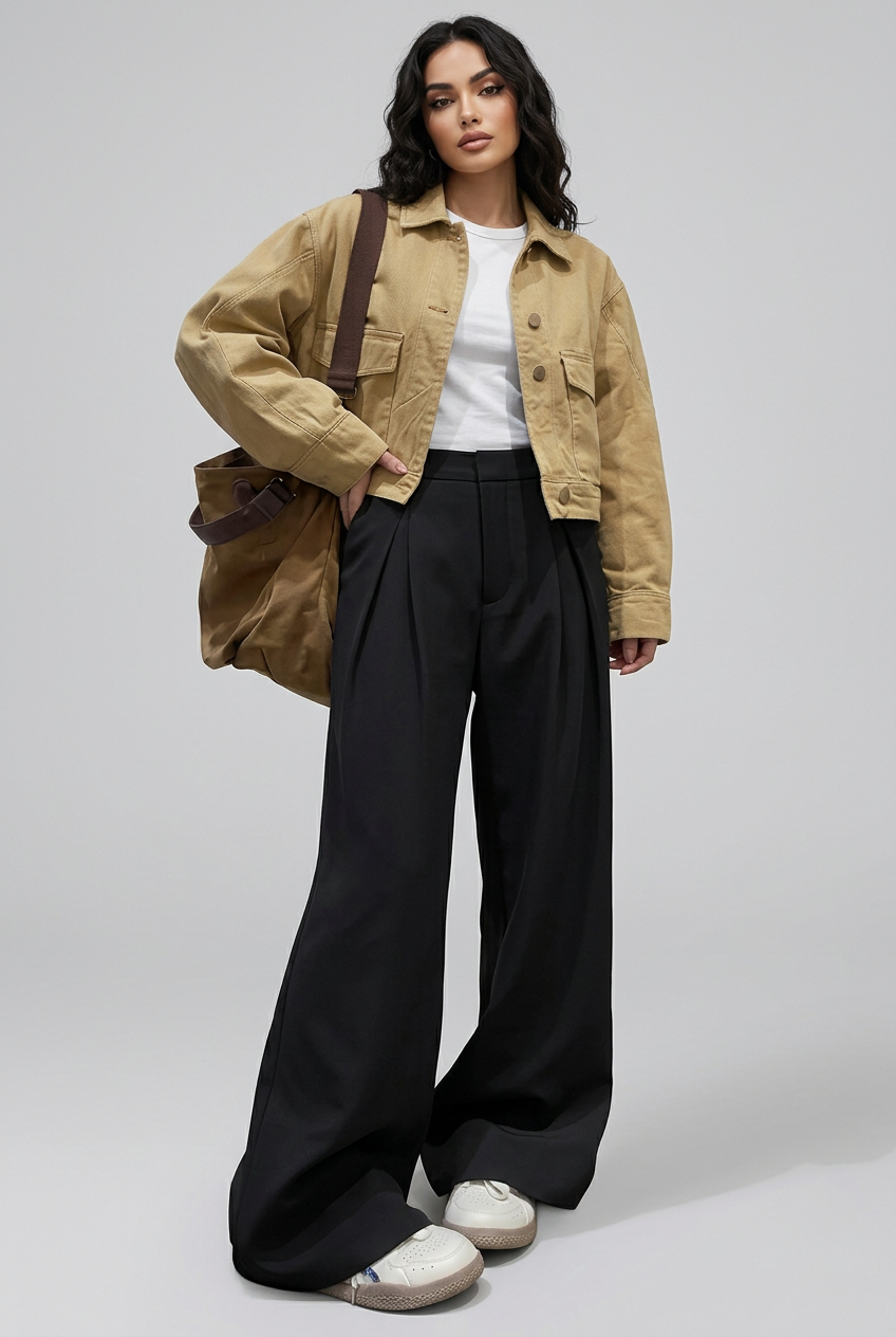 Mujer High Rise Pierna Ancha Pantalón con Plisado Front