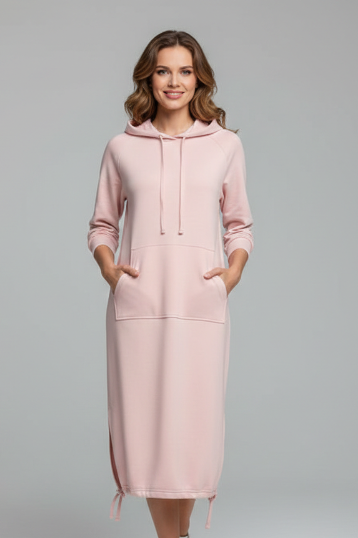 Mujer Hoodie Vestido con Drawstring Hem y Kangaroo bolsillo