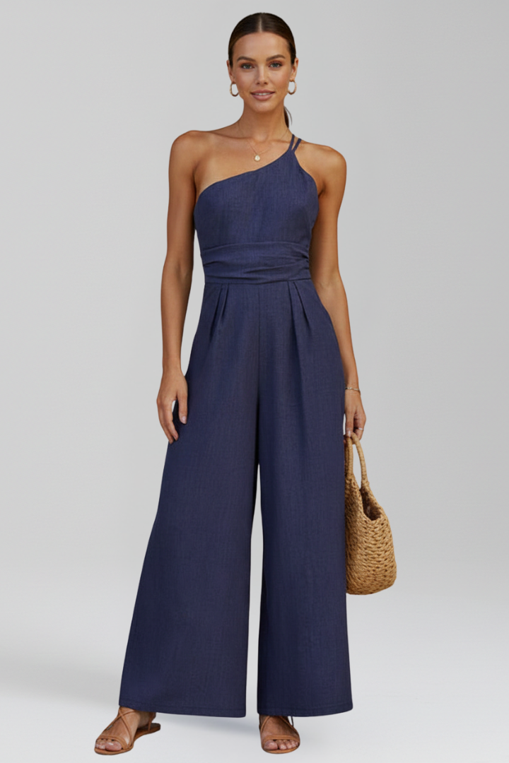 Mujer Jumpsuit con Asimétrico de Un Hombro Neckline y Pierna Anchas
