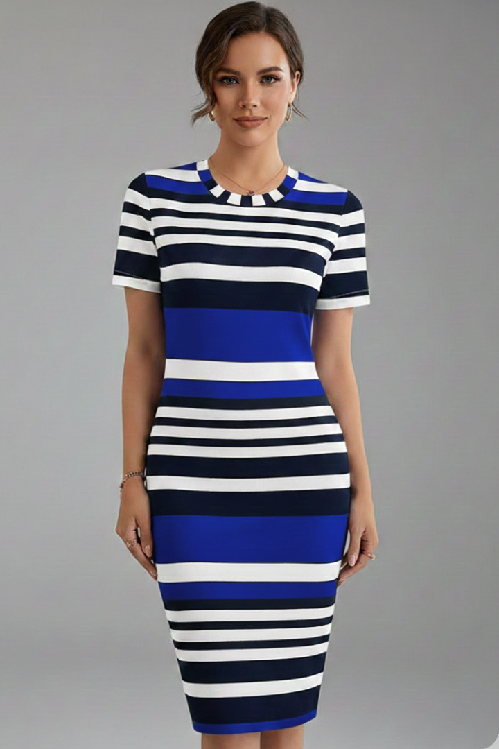 Mujer Knee-Length Vestido con Stripe estampado y Manga Cortas