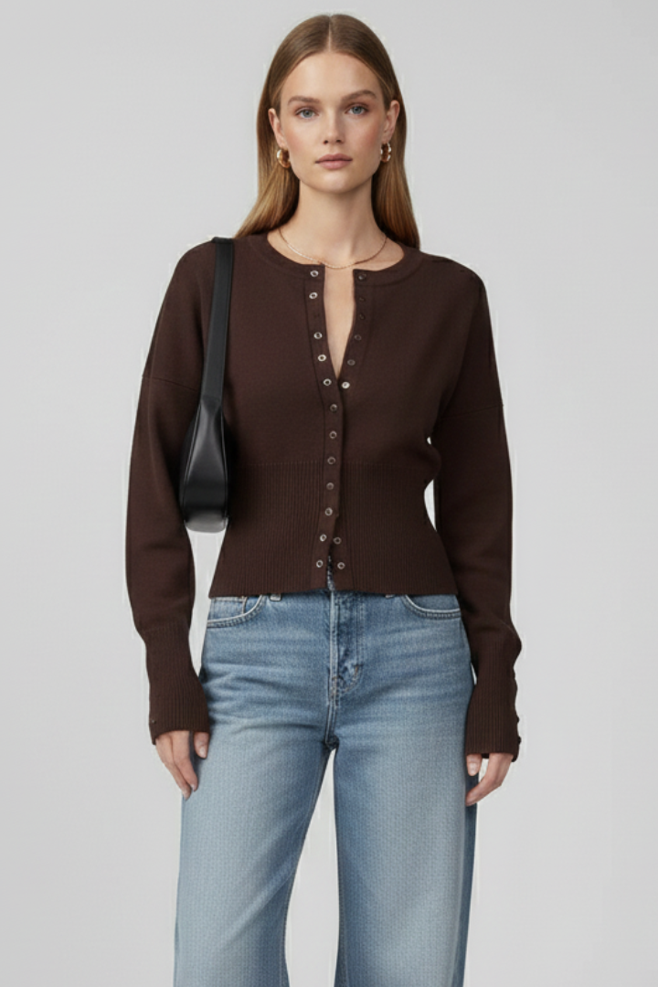 Mujer de Puntoted Cárdigan con de Cuello Redondoline y botón-Front diseño