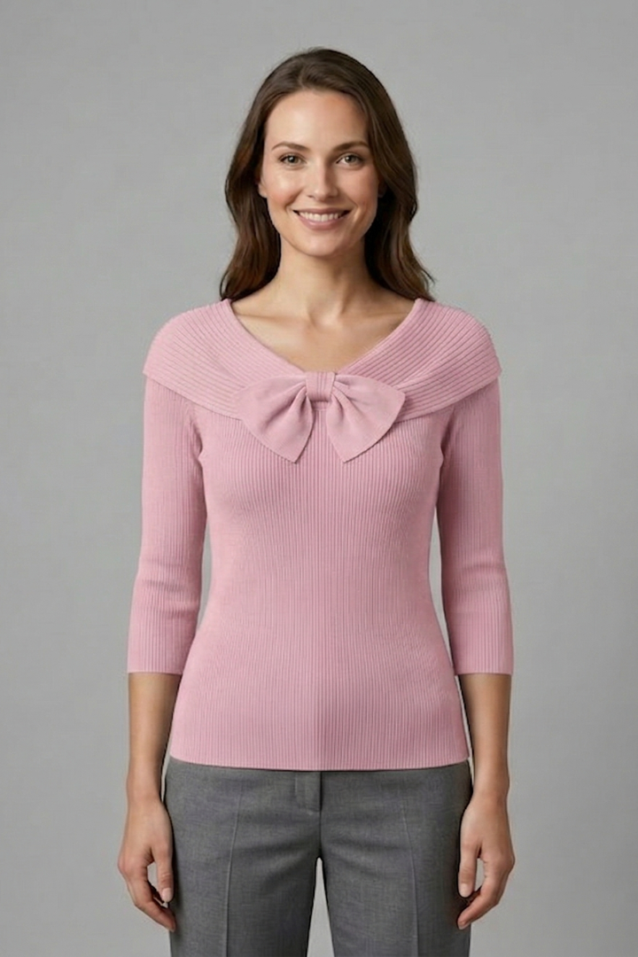 Mujer de Puntoted top con Bow Detail y Manga Largas