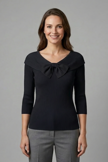 Mujer de Puntoted top con Bow Detail y Manga Largas