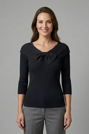 Mujer de Puntoted top con Bow Detail y Manga Largas