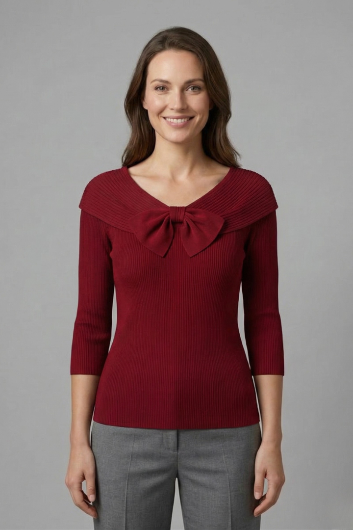 Mujer de Puntoted top con Bow Detail y Manga Largas