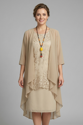 Mujer Layered Vestido con de Cuello Redondo y Sheer Overlay