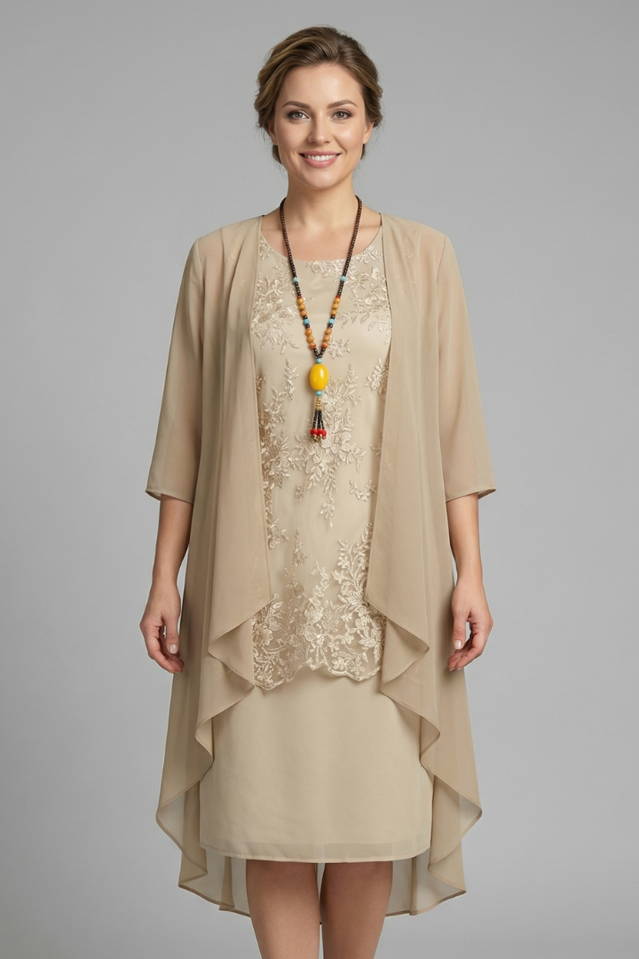 Mujer Layered Vestido con de Cuello Redondo y Sheer Overlay