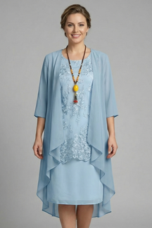 Mujer Layered Vestido con de Cuello Redondo y Sheer Overlay