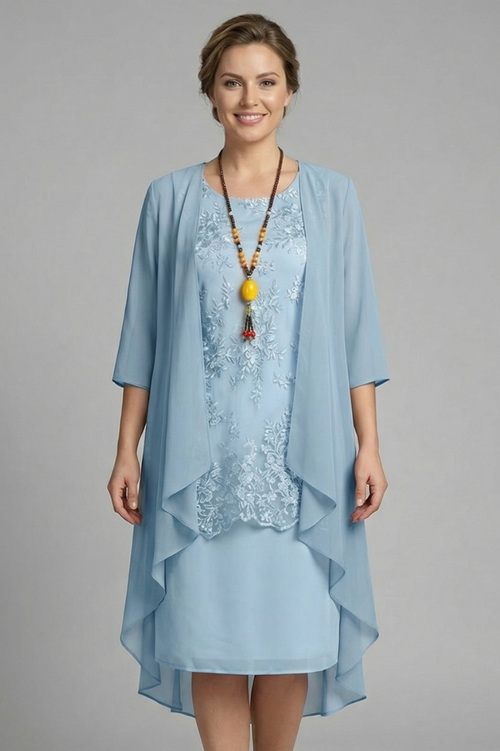Mujer Layered Vestido con de Cuello Redondo y Sheer Overlay
