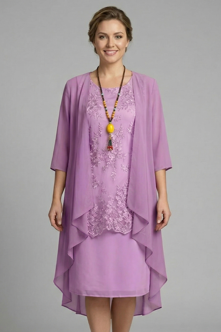 Mujer Layered Vestido con de Cuello Redondo y Sheer Overlay