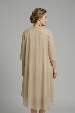 Mujer Layered Vestido con de Cuello Redondo y Sheer Overlay