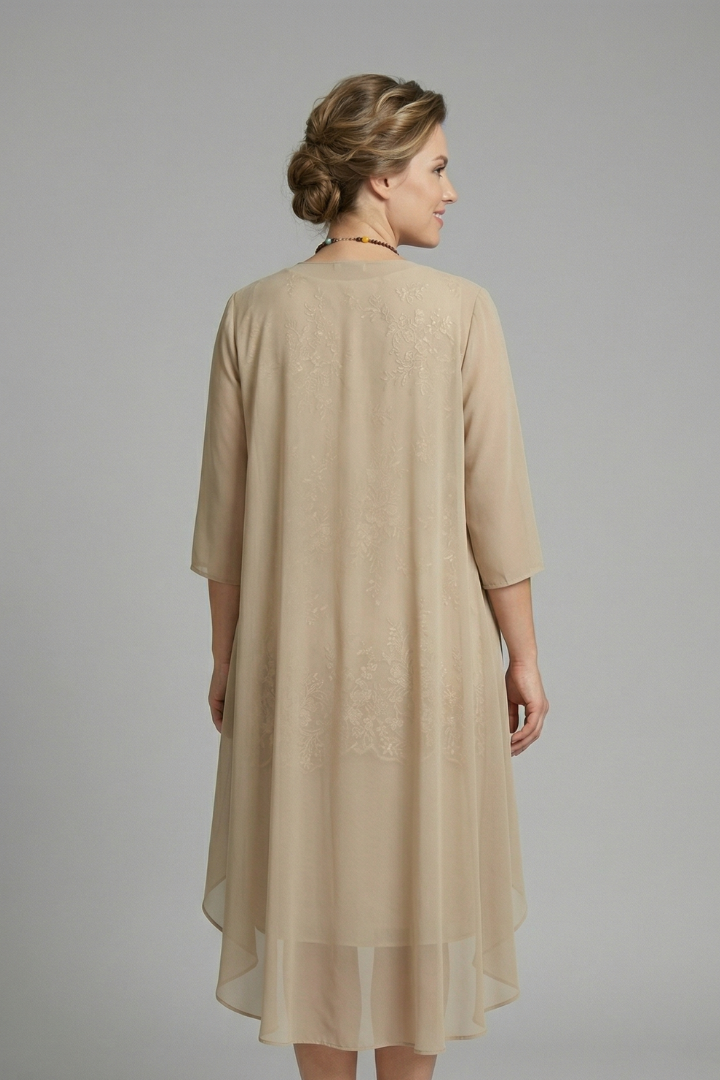 Mujer Layered Vestido con de Cuello Redondo y Sheer Overlay
