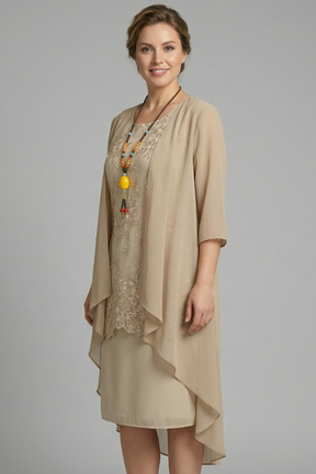 Mujer Layered Vestido con de Cuello Redondo y Sheer Overlay