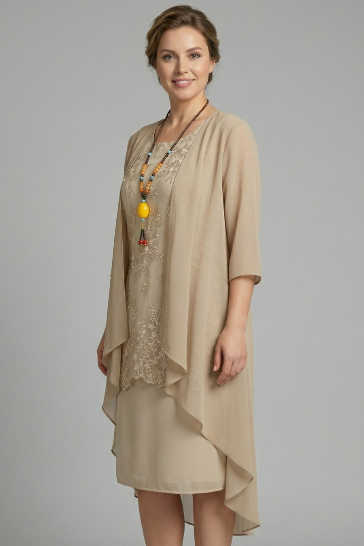 Mujer Layered Vestido con de Cuello Redondo y Sheer Overlay