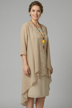 Mujer Layered Vestido con de Cuello Redondo y Sheer Overlay