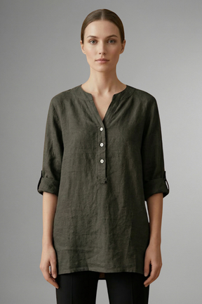 Mujer Linen Blusa con cierre de botones y Roll mangas