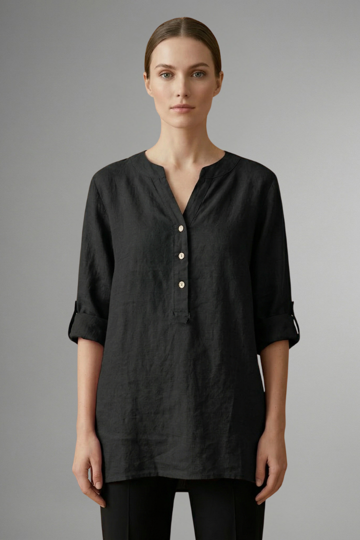 Mujer Linen Blusa con cierre de botones y Roll mangas