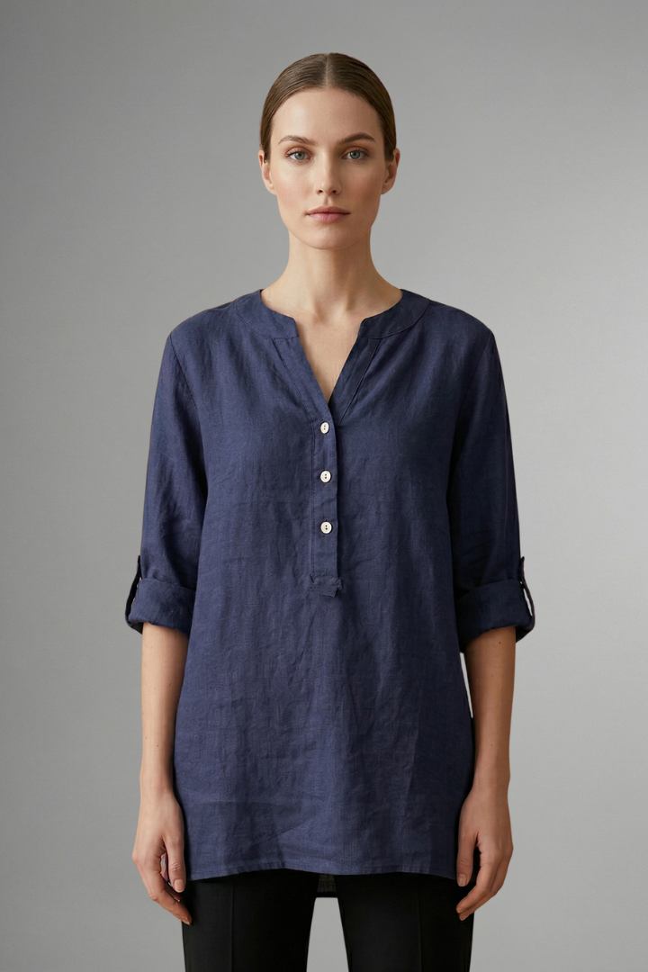 Mujer Linen Blusa con cierre de botones y Roll mangas