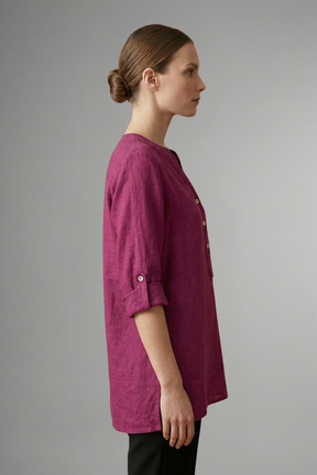 Mujer Linen Blusa con cierre de botones y Roll mangas