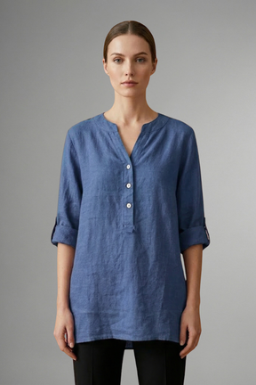 Mujer Linen Blusa con cierre de botones y Roll mangas