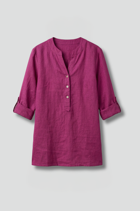 Mujer Linen Blusa con cierre de botones y Roll mangas