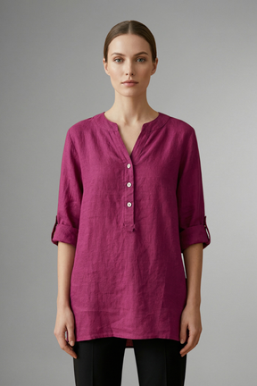 Mujer Linen Blusa con cierre de botones y Roll mangas