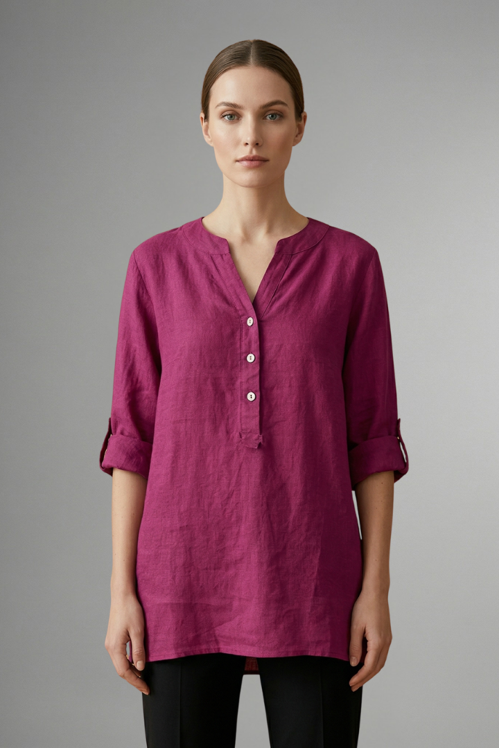Mujer Linen Blusa con cierre de botones y Roll mangas