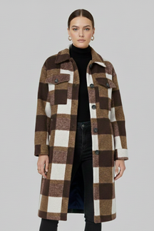Mujer Long Abrigo con cierre frontal de botones y Checked Woven Surface