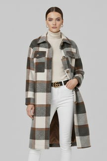 Mujer Long Abrigo con cierre frontal de botones y Checked Woven Surface