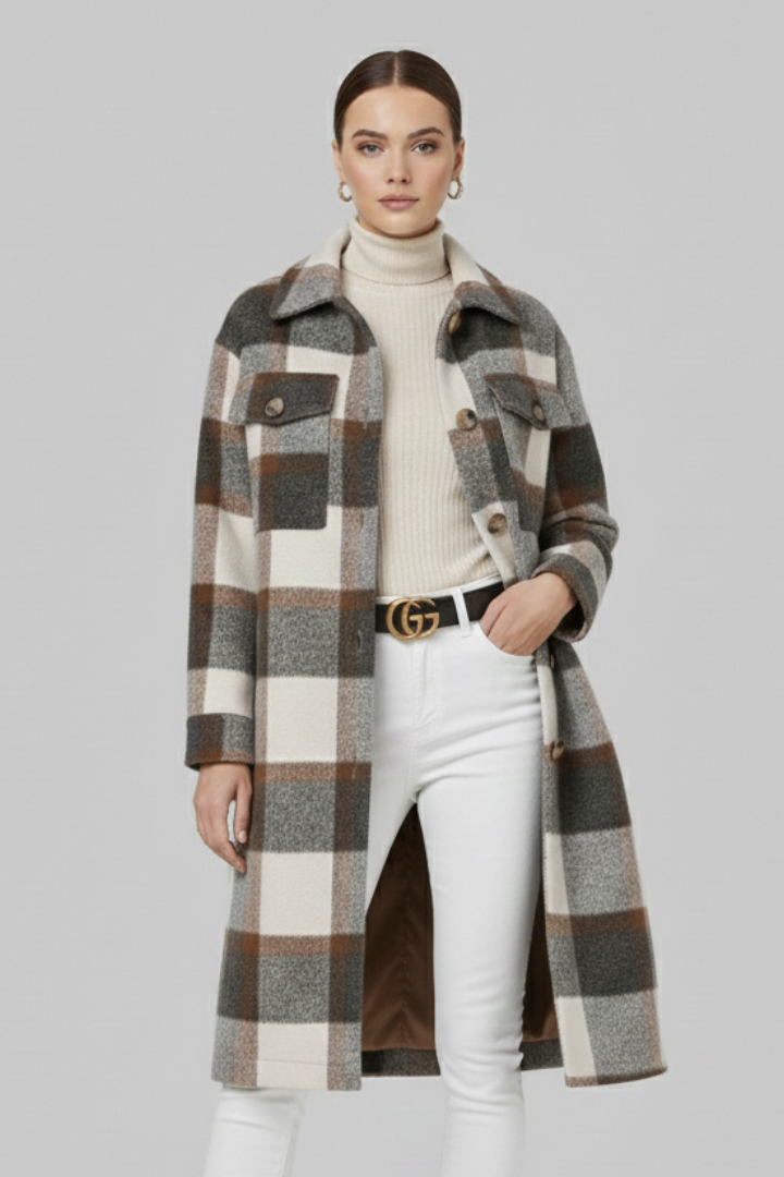 Mujer Long Abrigo con cierre frontal de botones y Checked Woven Surface
