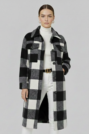 Mujer Long Abrigo con cierre frontal de botones y Checked Woven Surface